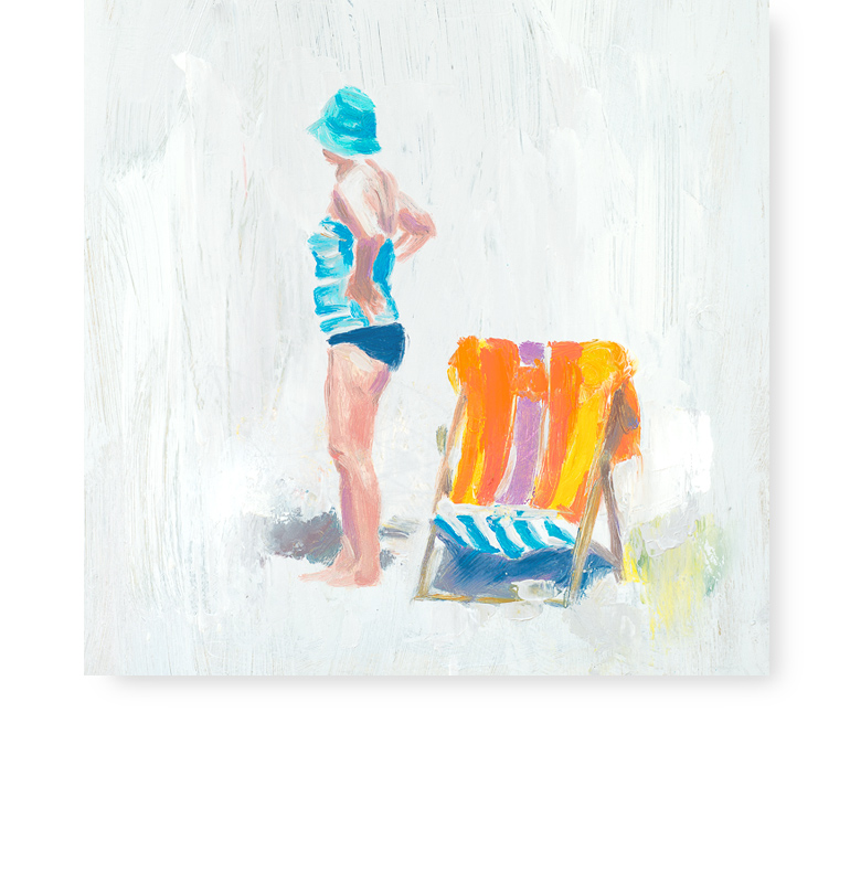 Beach scene - Woman with deckchair. By mennim