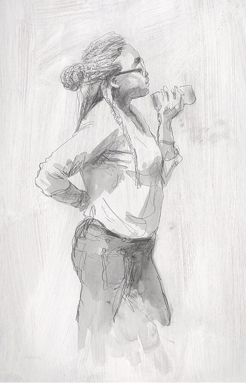 Pencil and wash drawing of woman with mobile. By Mennim