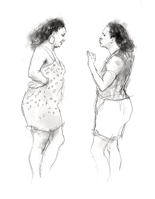 Strawberry Fair 2- two women talking. Drawing by Peter Mennim.