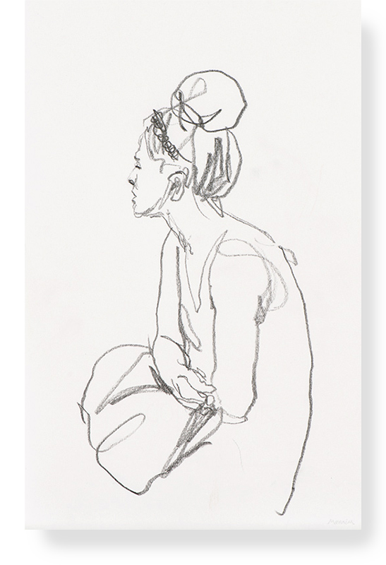 Pencil drawing of girl sitting at bus stop. By mennim