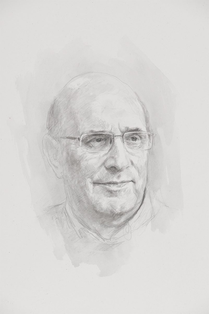 Professor Michael Proctor. Professor of Astrophysical Fluid Dynamics. Former Fellow(1974-2013) and Vice-Master (2006-2012) Trinity College. Provost of King's College, Cambridge. Pencil drawing. Collection of Trinity College.